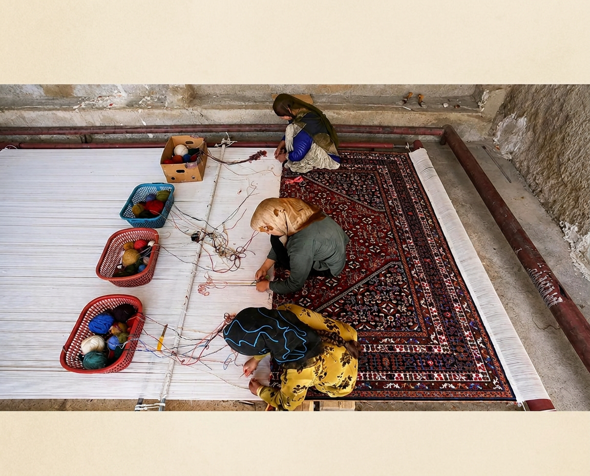 Afghan weaver hand-tying knots on a traditional loom in Herat